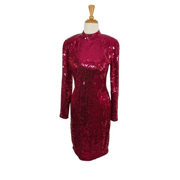 Nightline M VTG 12 Red Sequin Disco Dress Keyhole Back 70s 80s Costume Tootsie - Picture 2 of 10